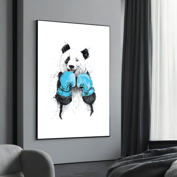 Playful Panda Blue Boxing Gloves Fun Animal Sketch Art Poster