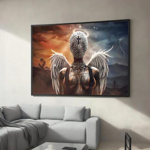 Surreal Angel With Tattoos Canvas Painting Bold And Mystical Art For Modern Home Or Office Decoration