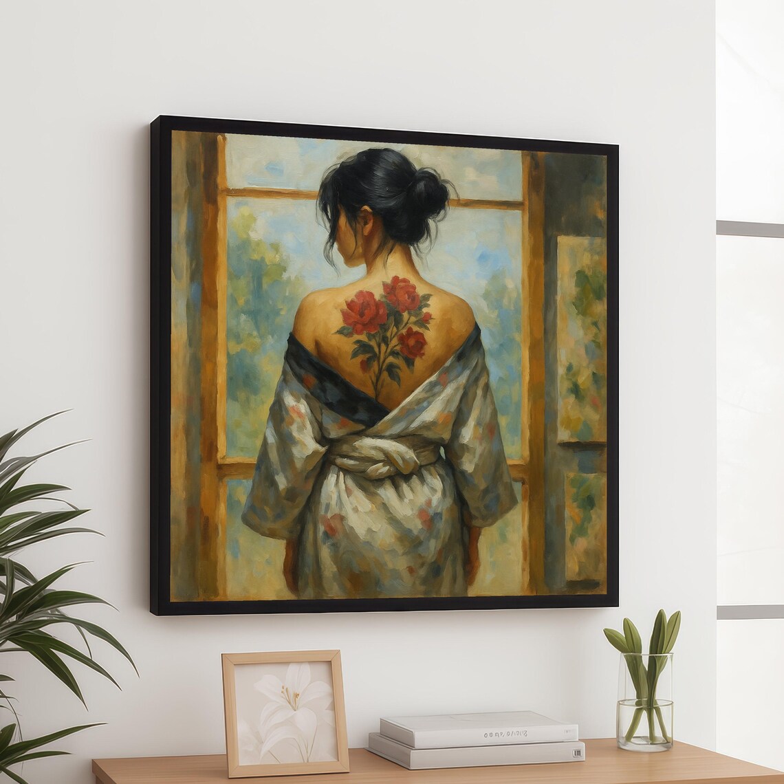 Elegant Woman Red Rose Floral Back Tattoo Kimono Canvas Wall Art