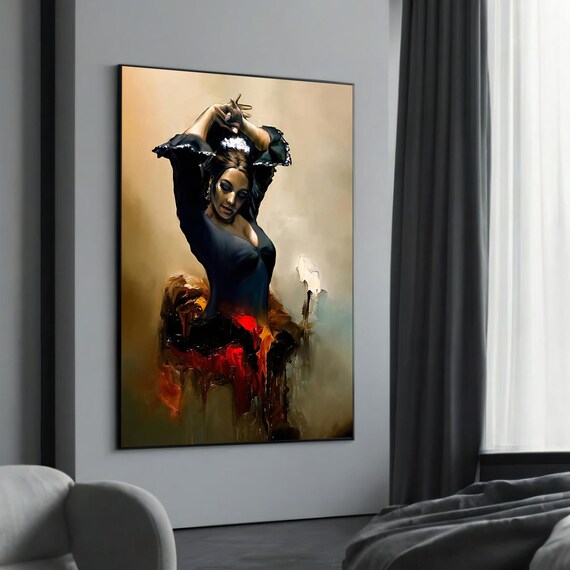 Expressive Flamenco Dancer Black Dress Colorful Skirt Art Poster