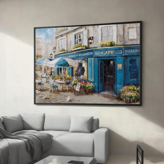 Charming Parisian Caf Scene With Blue Facade Vibrant City Life Canvas Painting And An Elegant Gift For Art Coffee Lovers