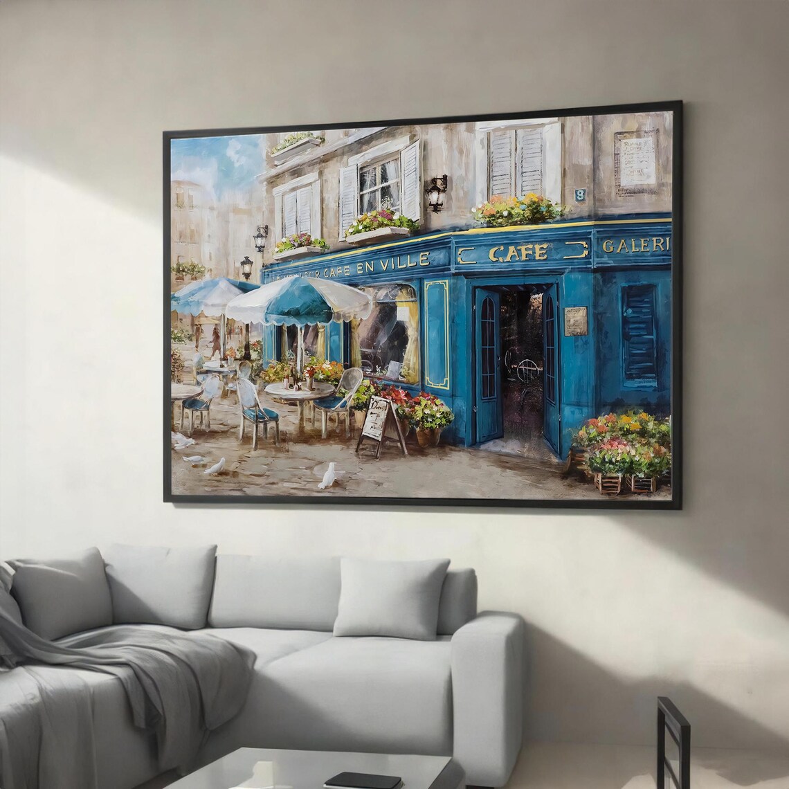 Charming Blue Parisian Cafe Terrace Vintage Street Scene Art Poster