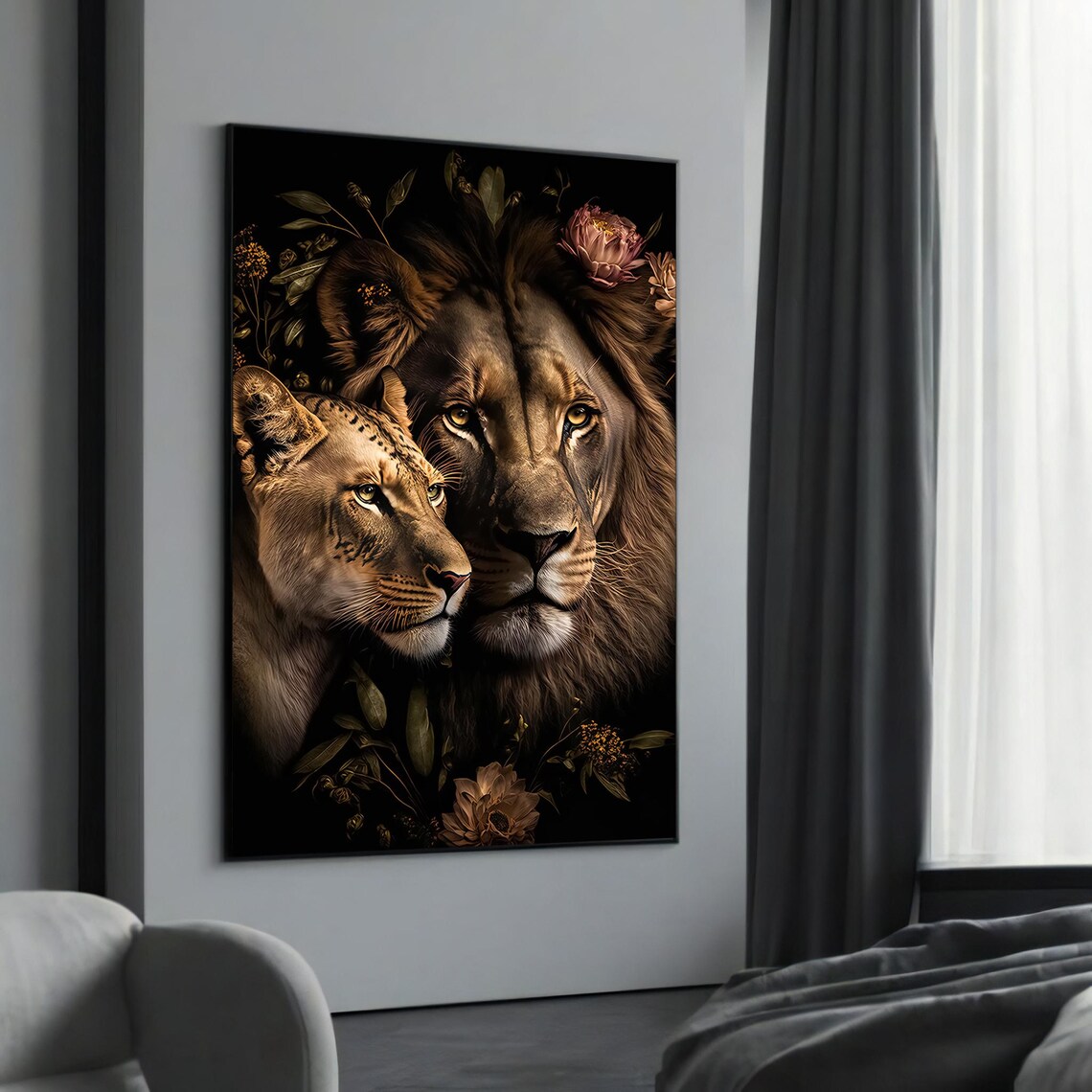 Lion and Lioness Couple with Flowers Romantic Wildlife Poster