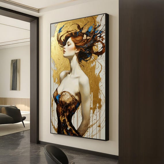 Elegant Redhead Woman Portrait Canvas Abstract Gold Background Wall Art Modern Female Figure Artistic Home Decor Luxury