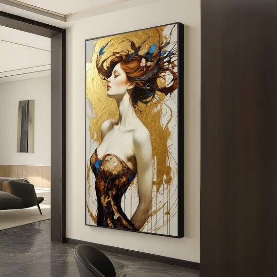 Redhead Woman Portrait Wild Flowing Hair Golden Abstract Art Print