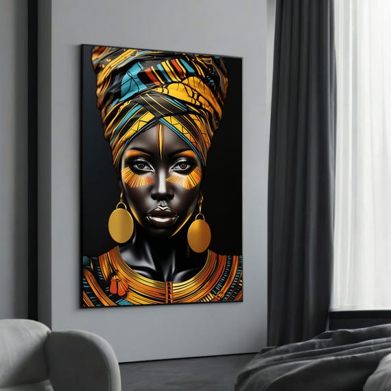 Striking Ethnic Woman With Gold Accents Vibrant And Bold Canvas Painting Perfect Artistic Gift For Modern Home Decor