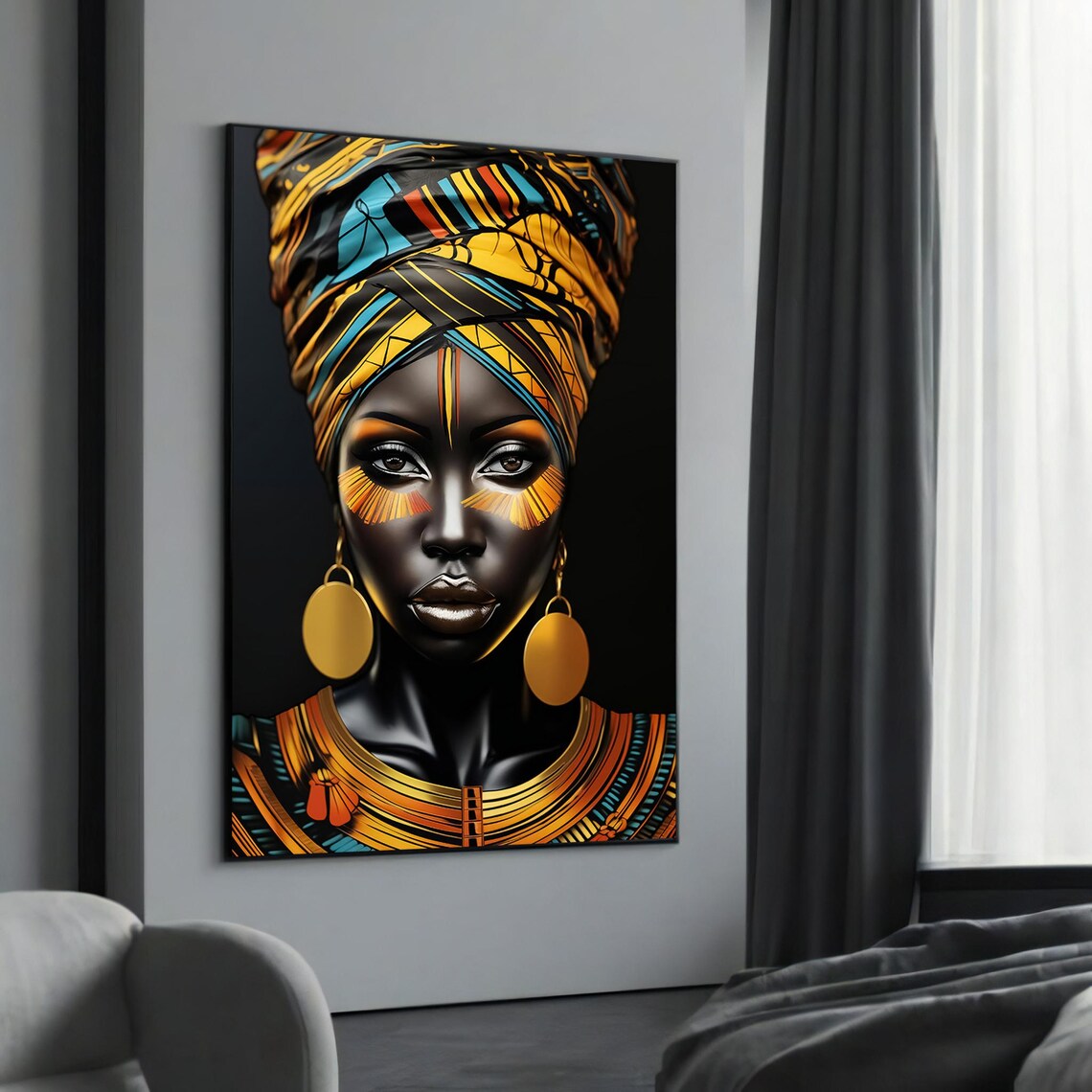 Striking Black Woman Tribal Face Paint Gold Earrings Art Poster