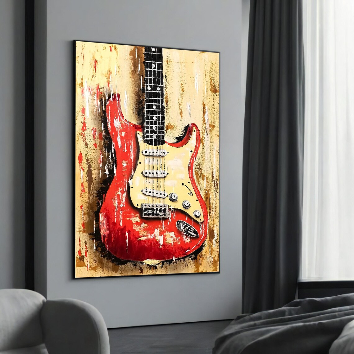 Red Electric Guitar On Textured Gold Background Rock Music Poster