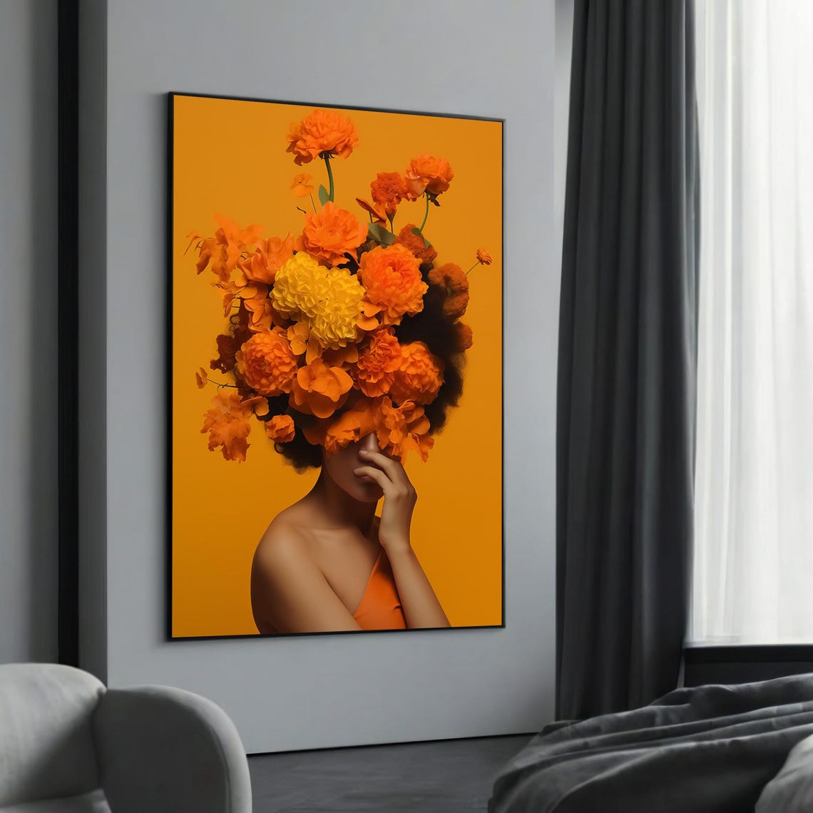 Bold Orange Flower Afro Vibrant Surreal Feminine Beauty Art Poster