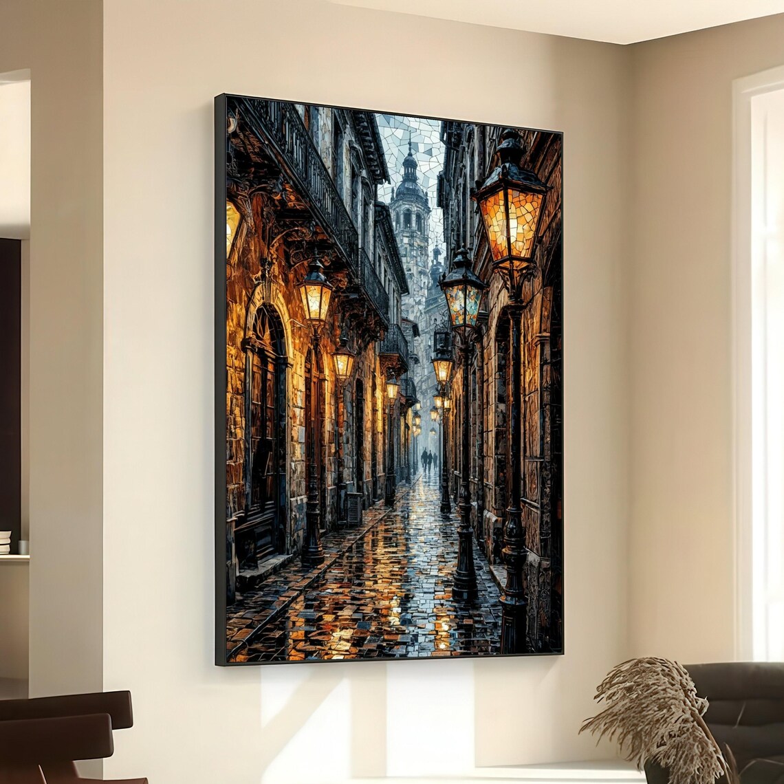 Old European Street Lamps Rainy Cobblestone Night City Art Poster