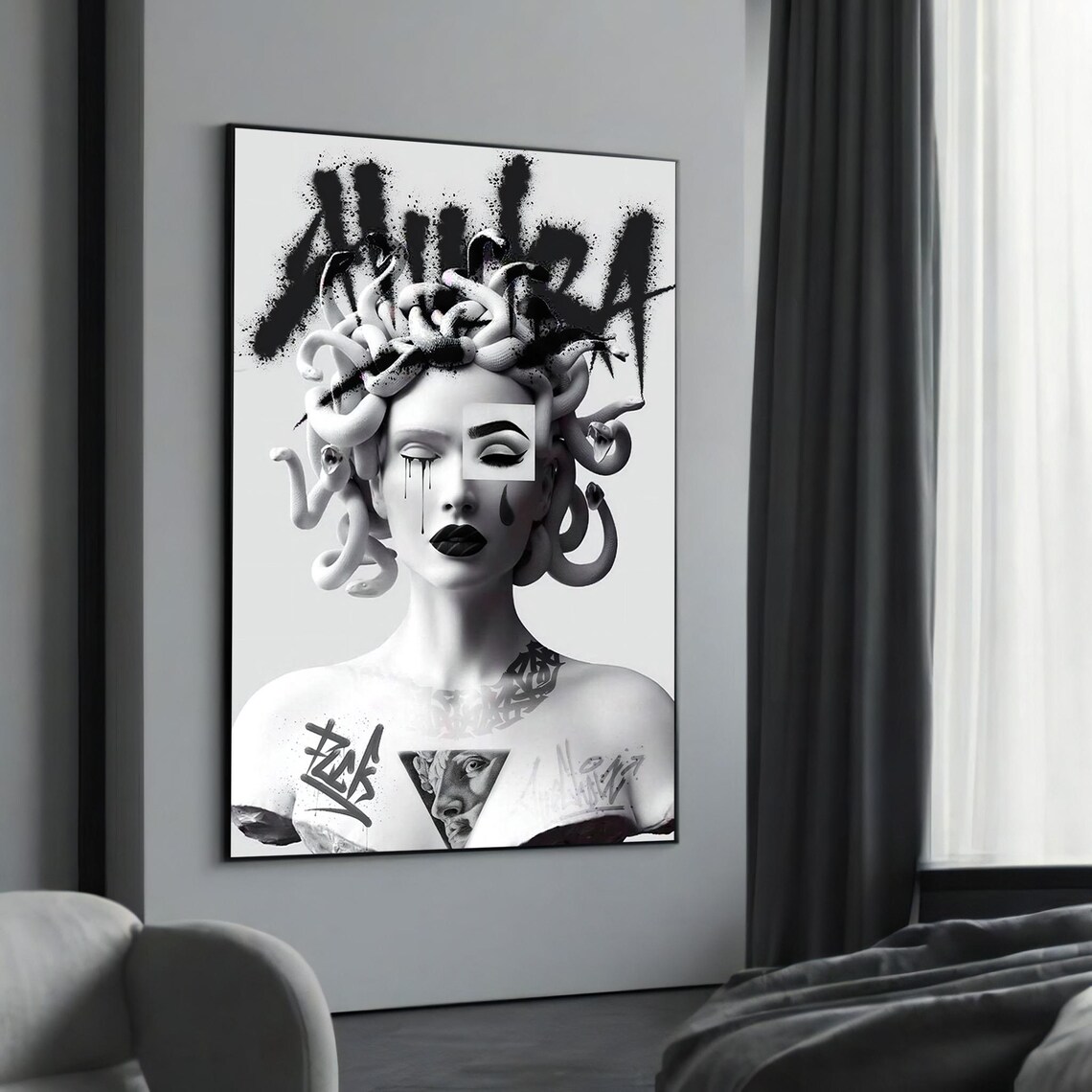 Medusa Black and White Graffiti Snake Hair Gothic Street Art Poster