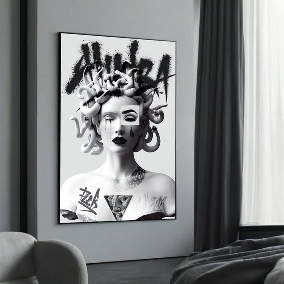 Graffiti Medusa Canvas Painting Gift Bold Black And White Urban Art For Modern Edgy Home Decor