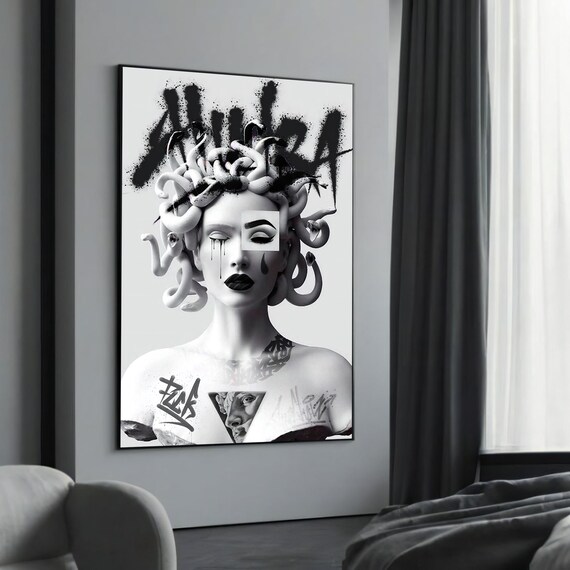 Medusa Black and White Graffiti Snake Hair Gothic Street Art Poster