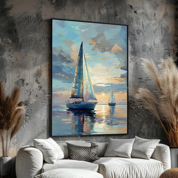 Sailing Boat Sunset Coastal Ocean Art Print