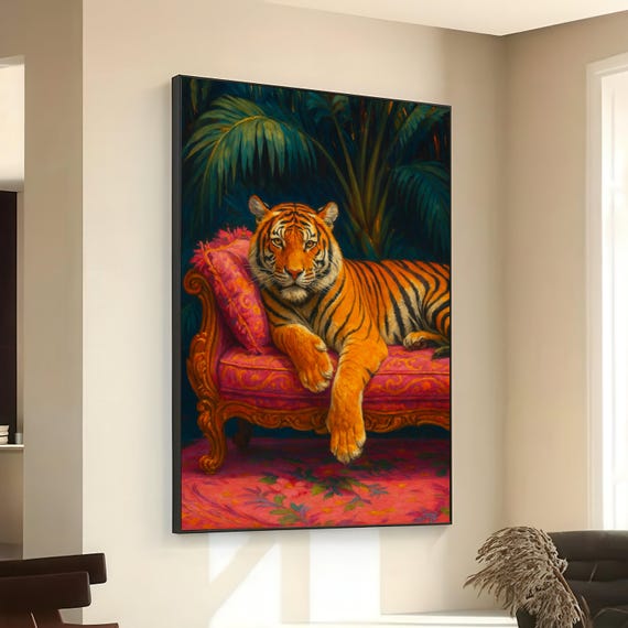 Regal Tiger on Vintage Pink Couch, Exotic Animal Art Print