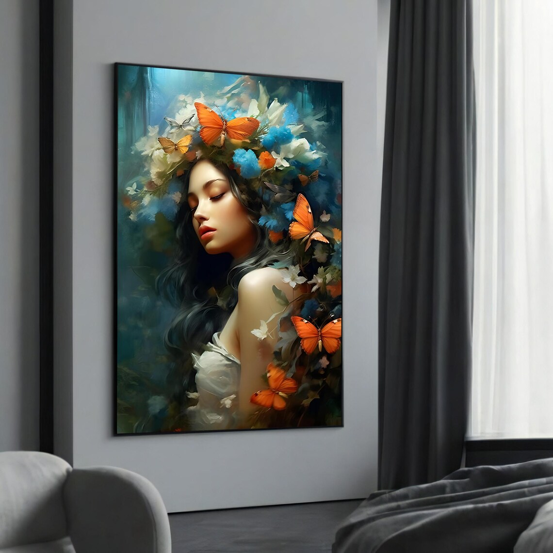 Dreamy Woman with Butterflies Canvas Poster in Blue and Orange Tones