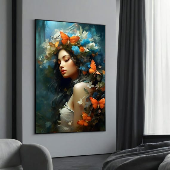 Dreamy Woman With Butterflies Canvas Painting Elegant Natureinspired Art Unique Wall Decor For Modern Home Interiors