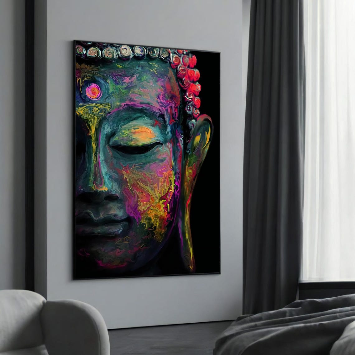 Colorful Psychedelic Buddha Face Neon Abstract Spiritual Poster