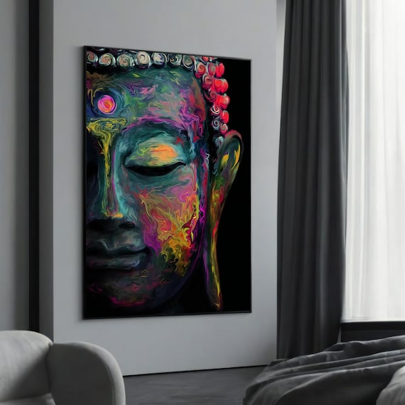 Colorful Psychedelic Buddha Face Neon Abstract Spiritual Poster
