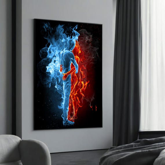 Fire And Ice Couple Dynamic Blue Red Abstract Art Passionate Wall Decor Unique Canvas Painting Bold Statement Piece