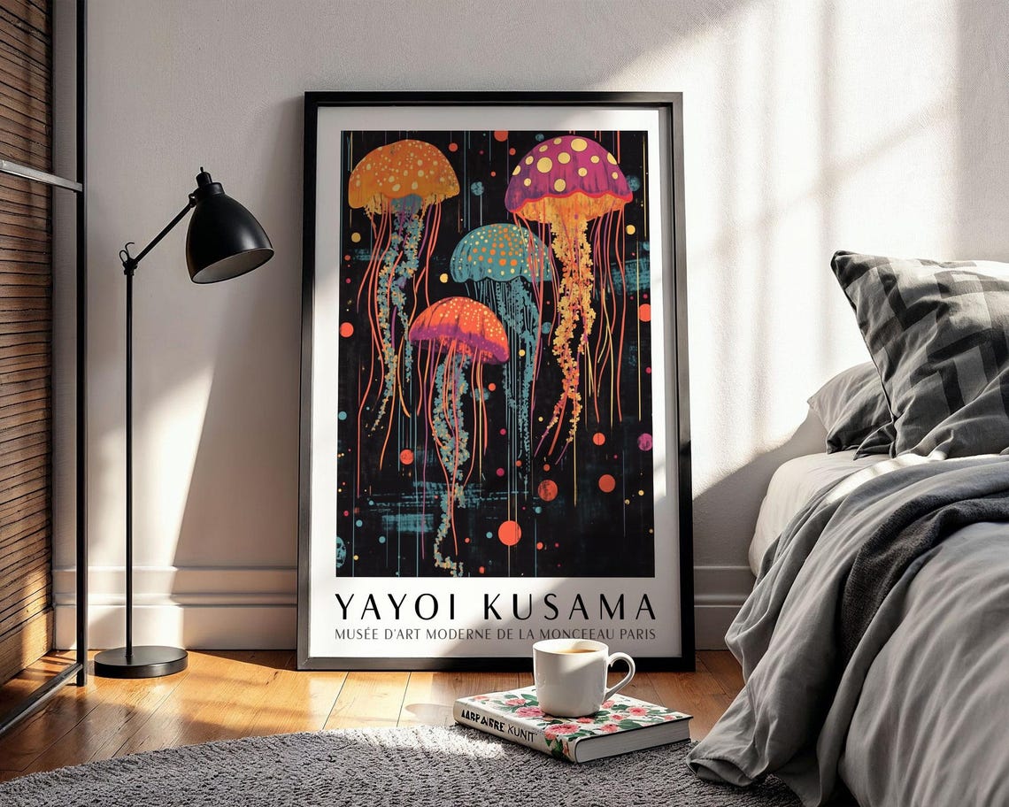 Yayoi Kusama Colorful Jellyfish in a Dotted Deep Sea Art Poster - Image 2
