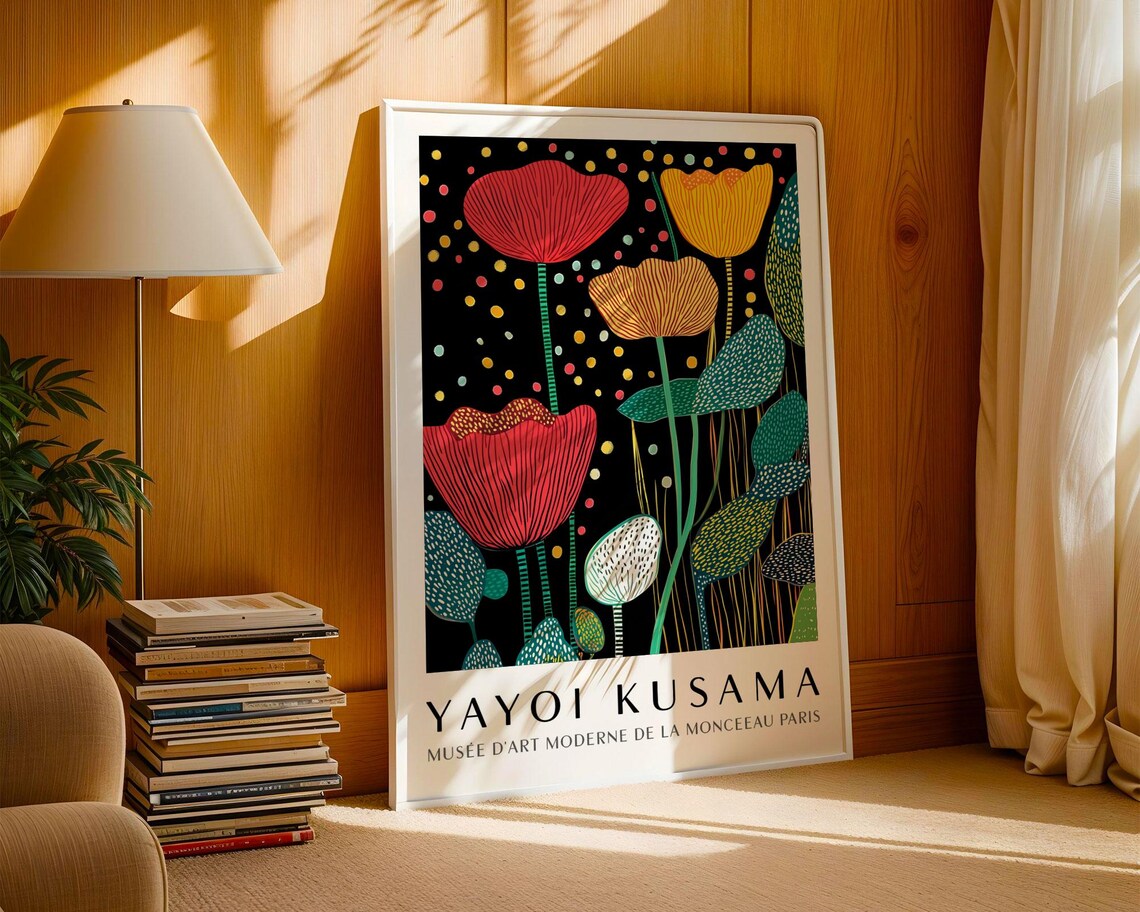 Yayoi Kusama Red and Yellow Poppy Flowers on Black Museum Poster - Image 3