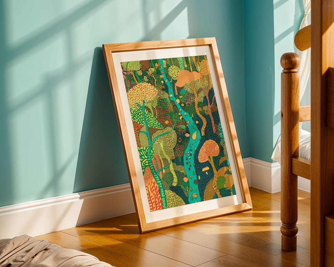 Dense Dotted Forest With Teal River Flowing Abstract Nature Poster - Image 5