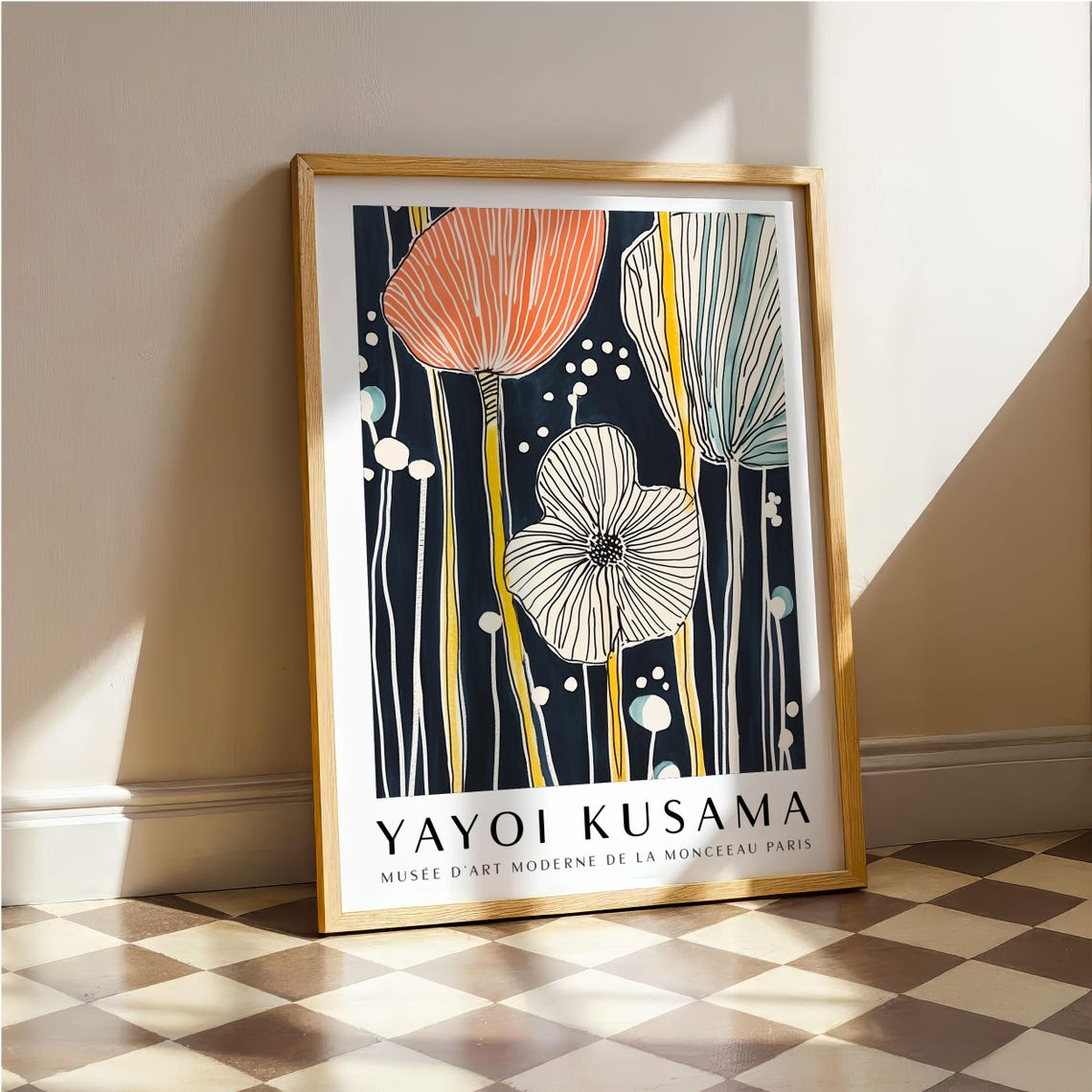 Yayoi Kusama Elegant Line Drawn Tulips on Midnight Blue Poster