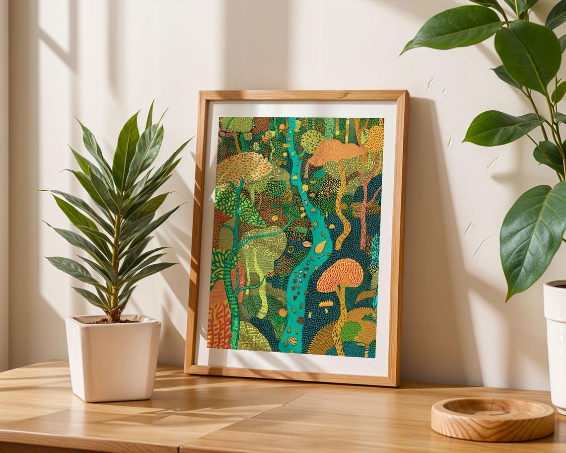 Dense Dotted Forest With Teal River Flowing Abstract Nature Poster - Image 6