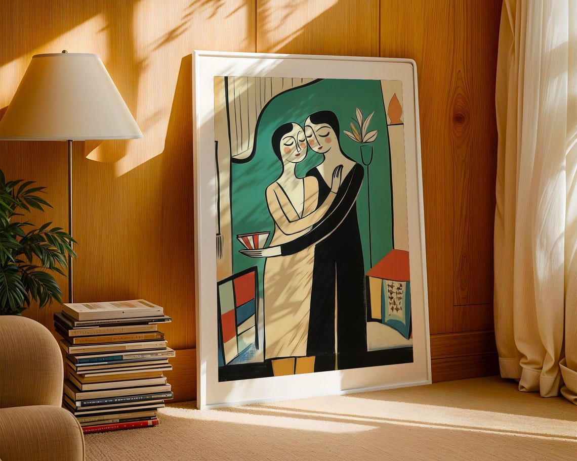 Abstract Embracing Couple On Emerald Green Modern Love Poster - Image 3
