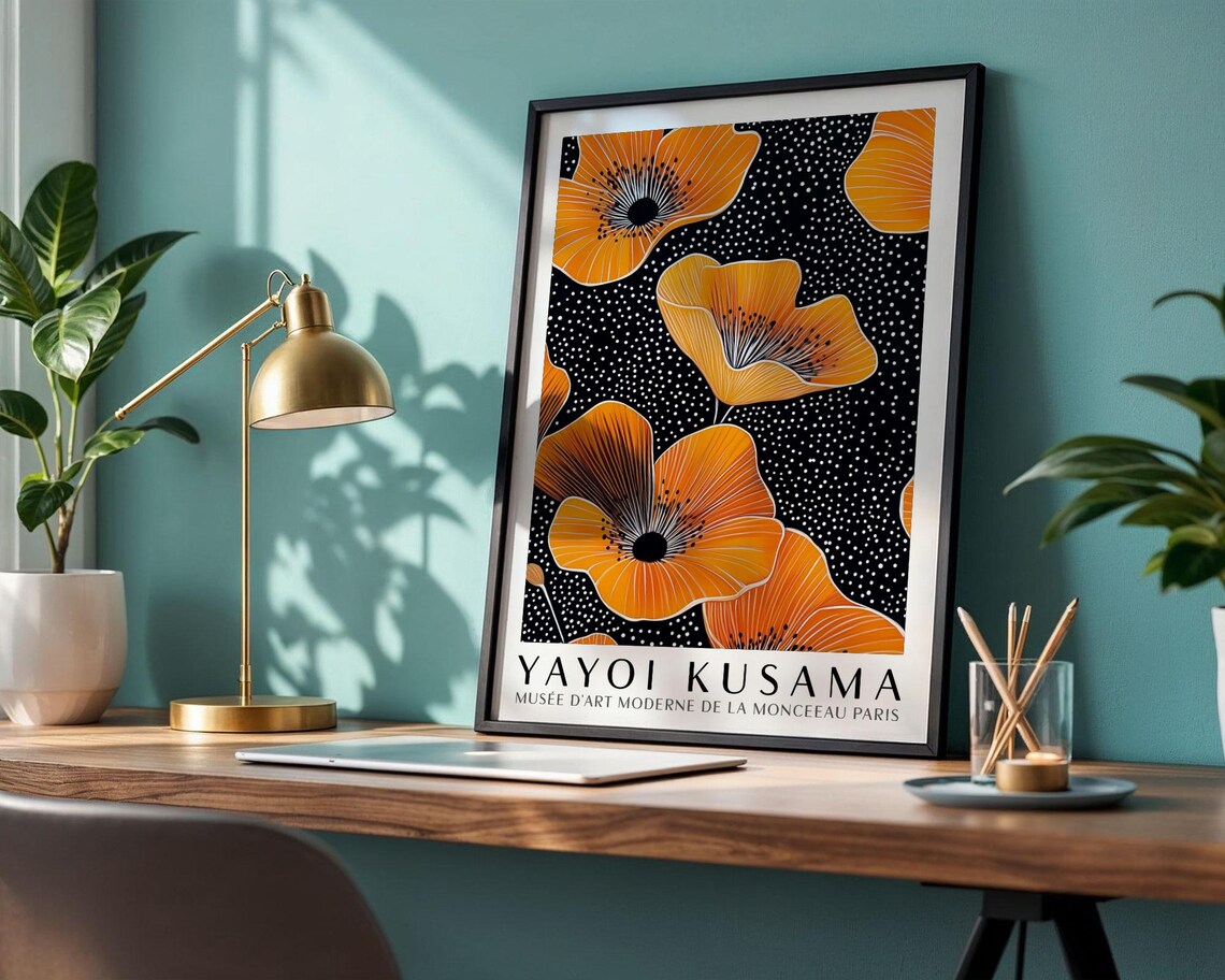 Yayoi Kusama Orange Poppy Flowers on Black Dotted Museum Poster - Image 4