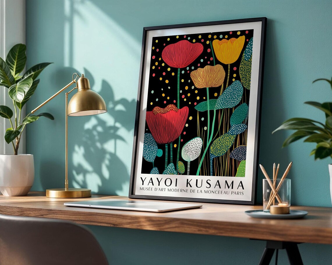 Yayoi Kusama Red and Yellow Poppy Flowers on Black Museum Poster - Image 4