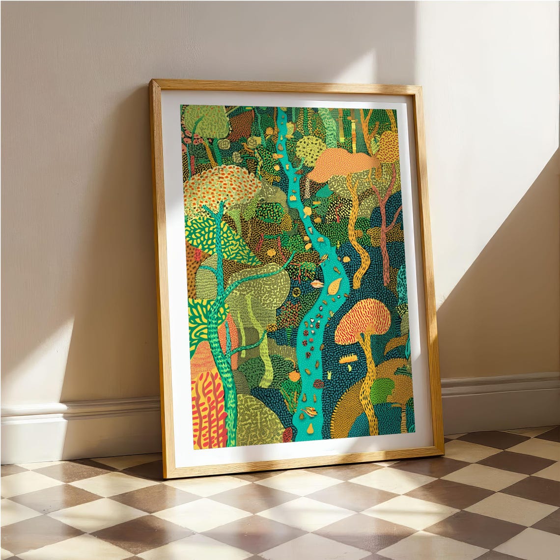 Dense Dotted Forest With Teal River Flowing Abstract Nature Poster
