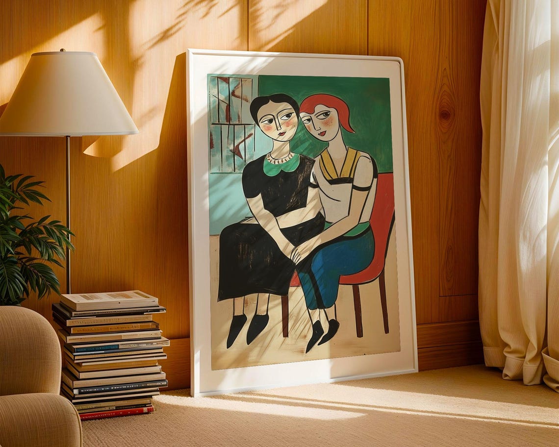 Two Women Sitting Close Together Expressionist Friendship Poster - Image 3