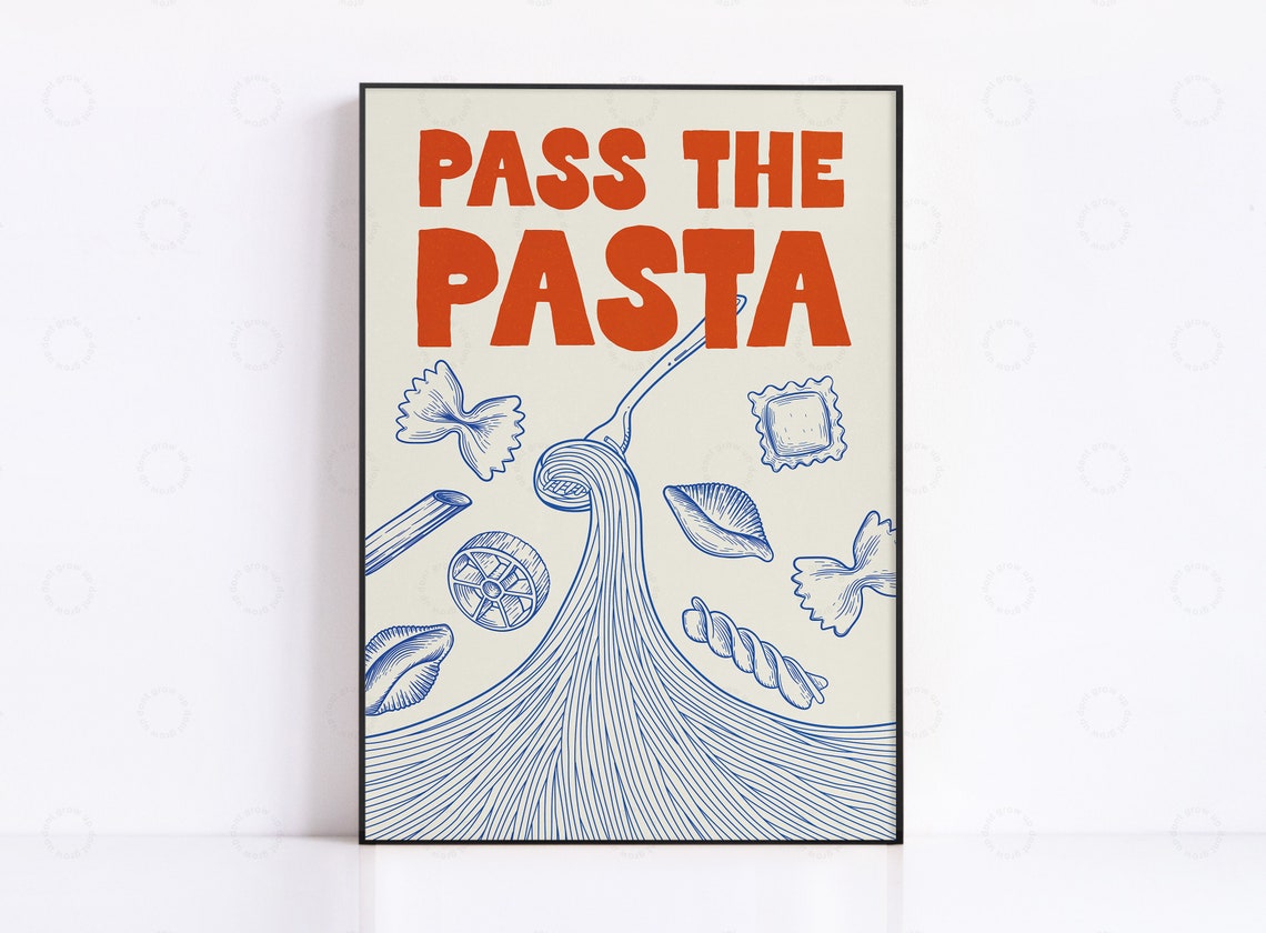Pass the Pasta Retro Illustrated Italian Food Kitchen Poster
