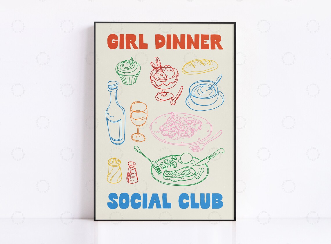 Girl Dinner Social Club Colorful Food Doodle Kitchen Wall Poster
