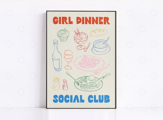 Girl Dinner Social Club Colorful Food Doodle Kitchen Wall Poster