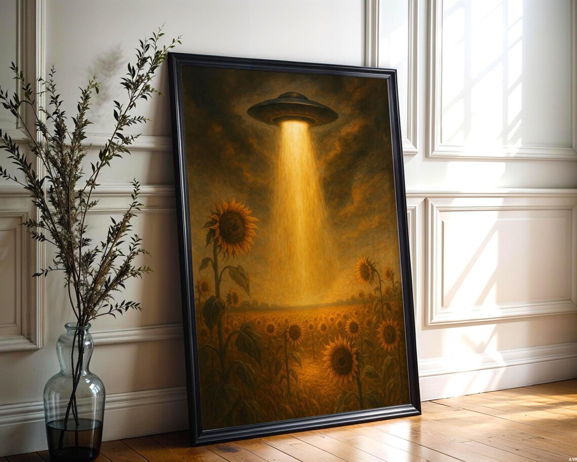 Surreal UFO Abduction Sunflower Field Art Print