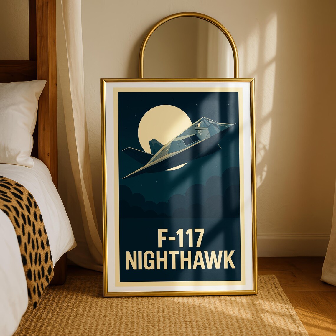 F-117 Nighthawk Stealth Fighter Moonlit Night Sky Retro Aviation Poster