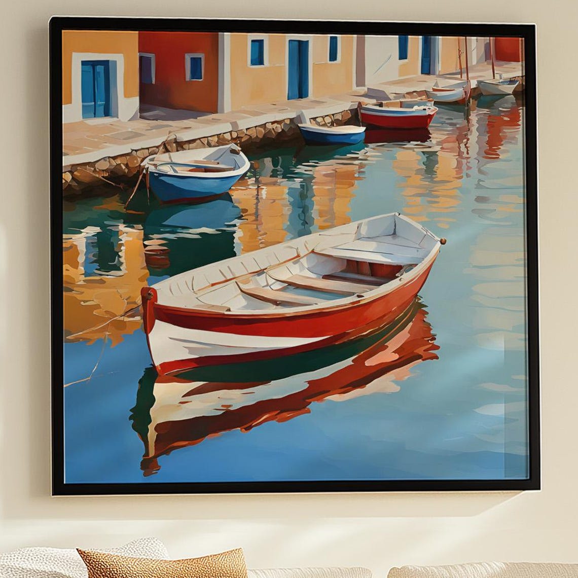 Mediterranean Harbor Colorful Boats Coastal Reflection Poster