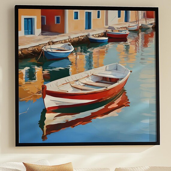 Mediterranean Harbor Colorful Boats Coastal Reflection Poster
