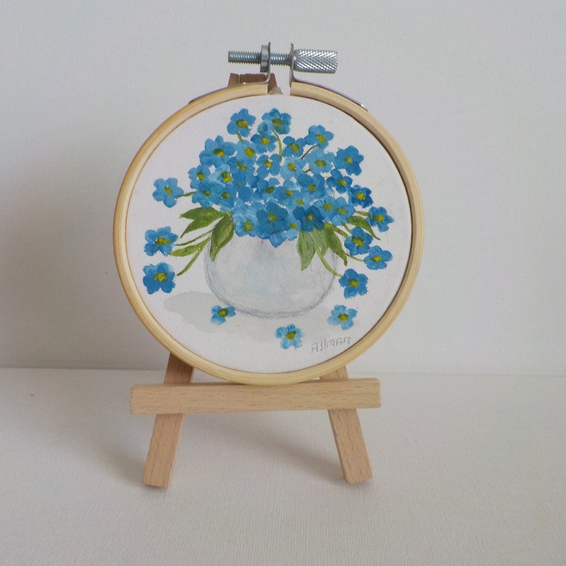 Forget Me Knot Watercolor Art Print, Miniature Easel