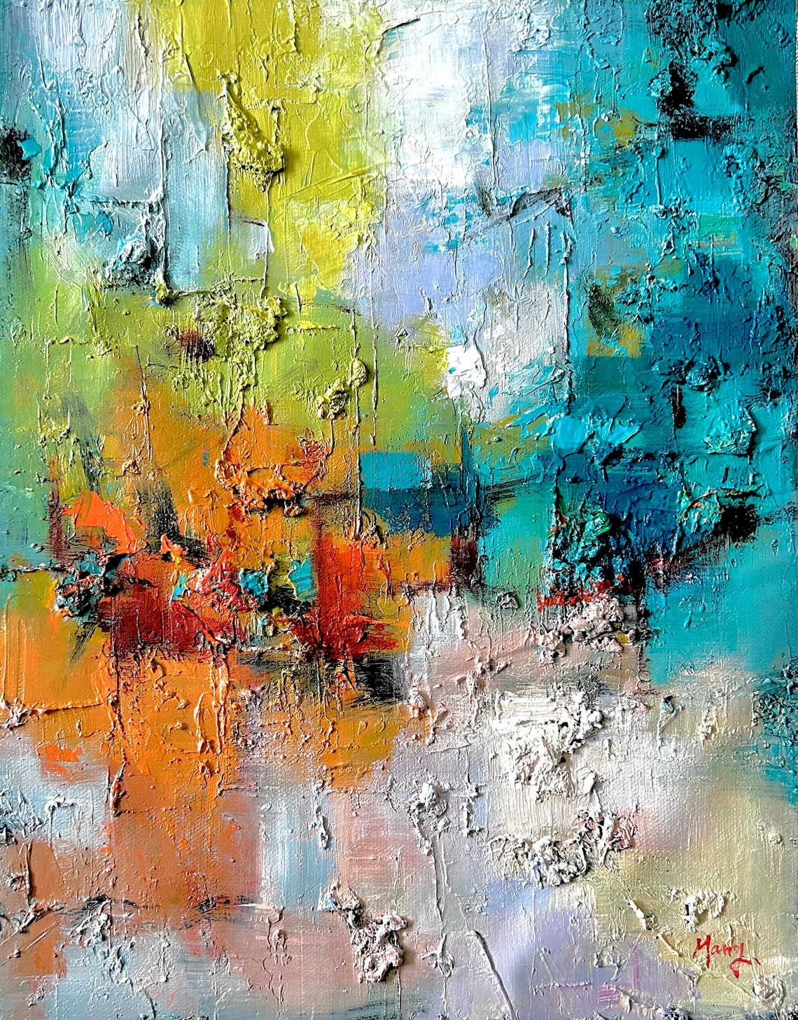 Bold Turquoise Orange Impasto Abstract Texture Modern Art Print