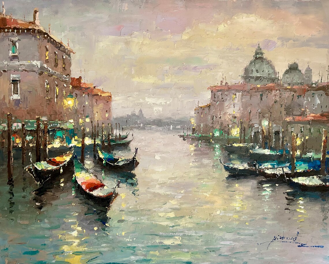 Venice Grand Canal Dusk Basilica Domes Gondolas Travel Poster