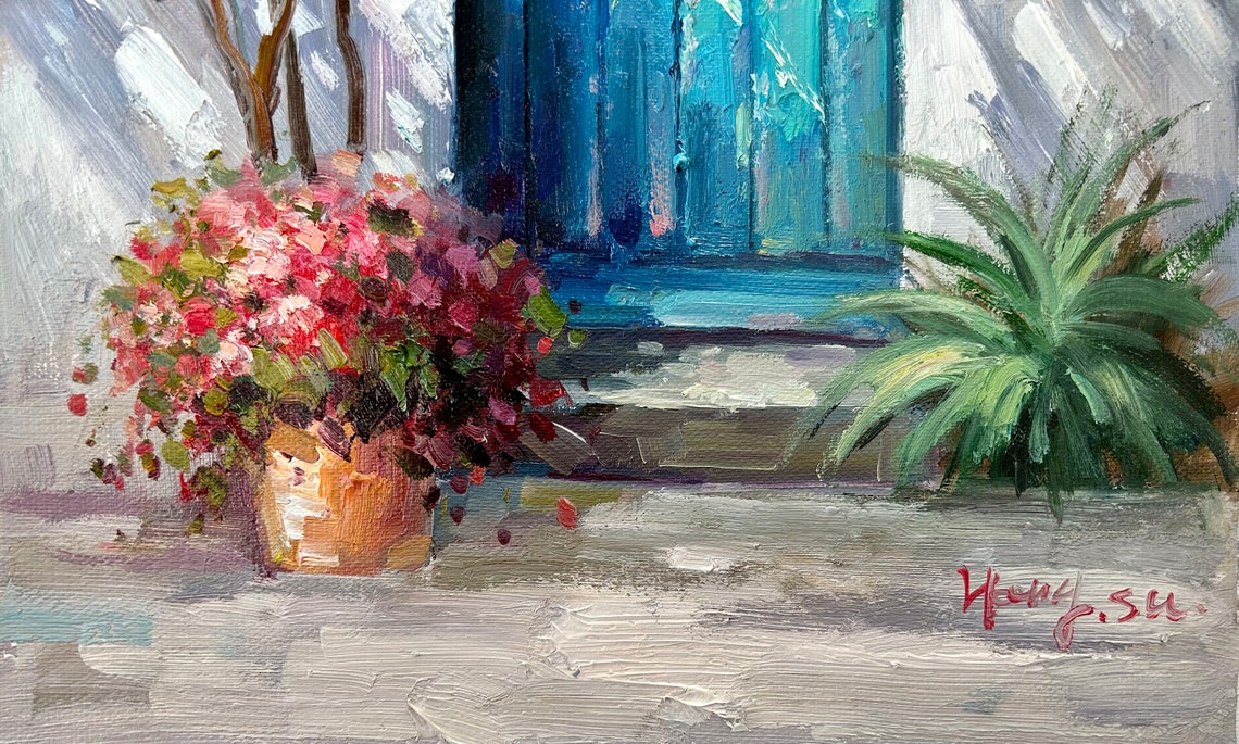 Blue Door Pink Bougainvillea Mediterranean Entryway Art Print - Image 4