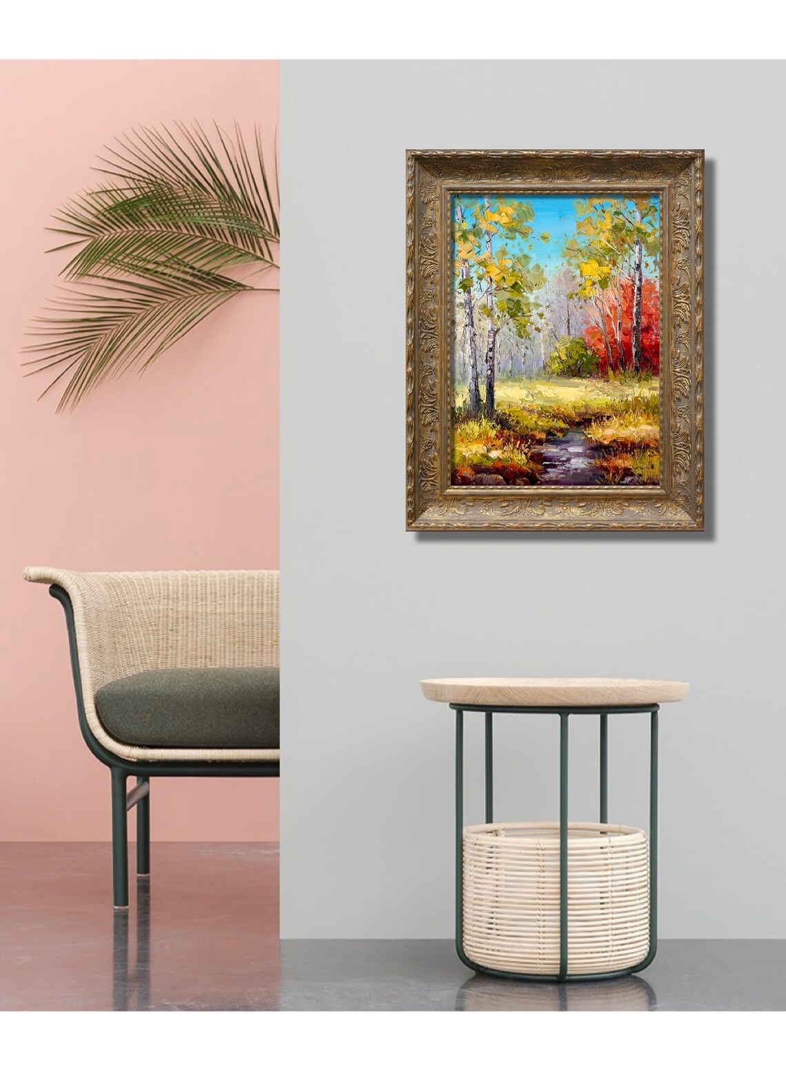 Autumn Birch Forest Stream Golden Leaves Landscape Oil Poster - Image 3