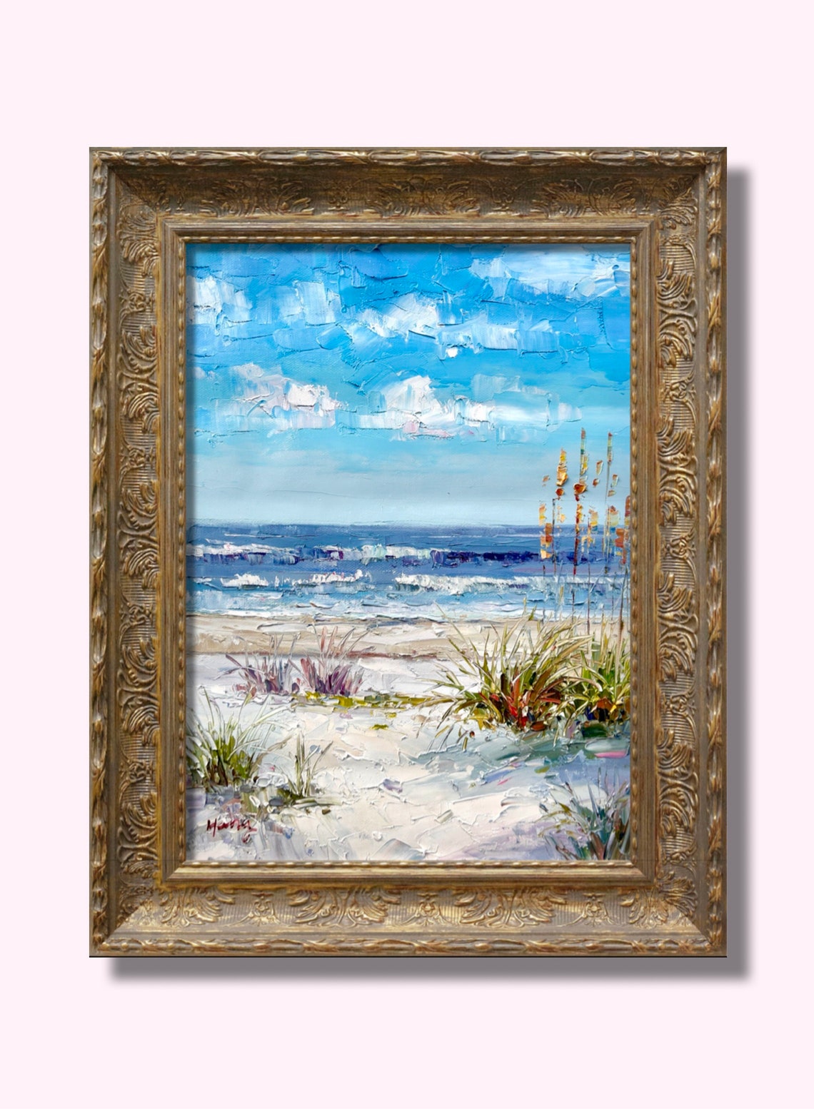 Beach Dunes Sea Oats Ocean Waves Coastal Landscape Oil Poster
