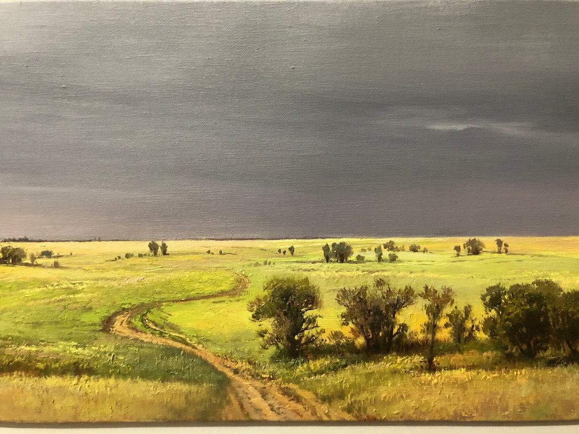 Green Meadow Stormy Sky Winding Dirt Path Countryside Poster - Image 2