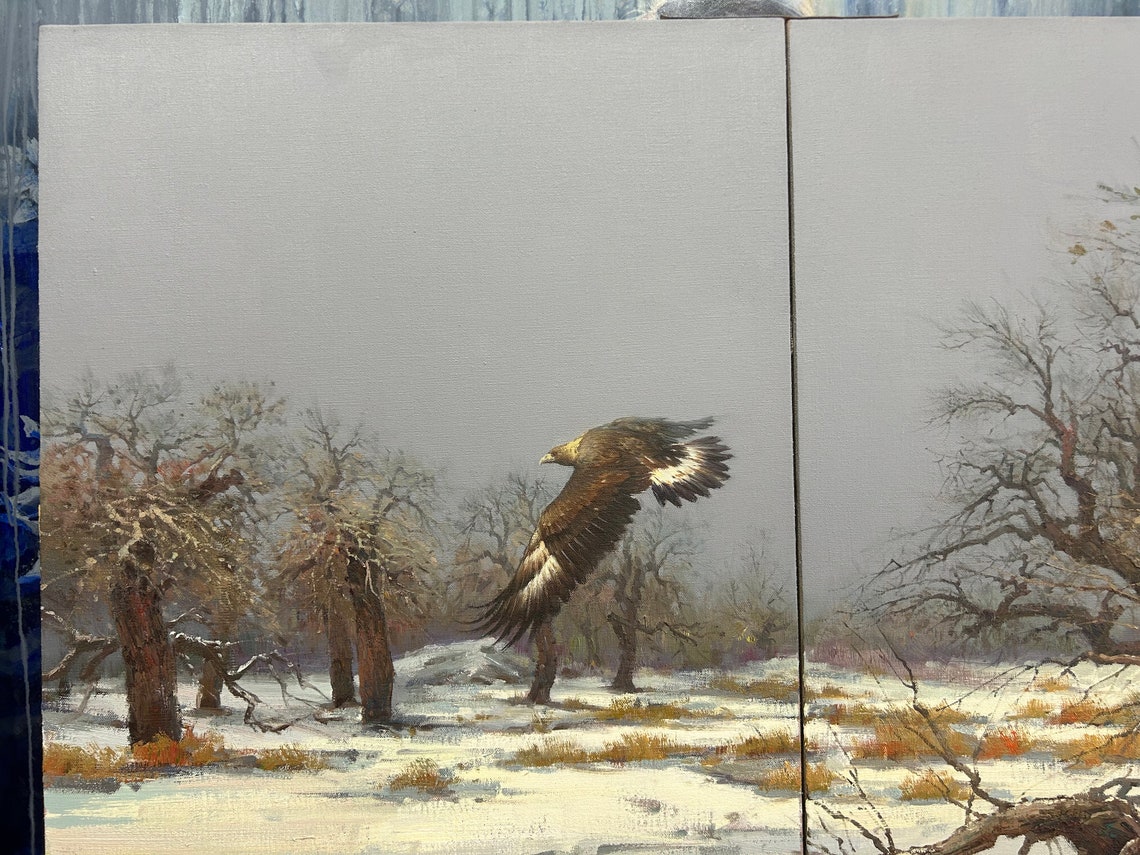 Eagle Flying Over Snowy Winter Forest Bare Trees Wildlife Art Print - Image 4