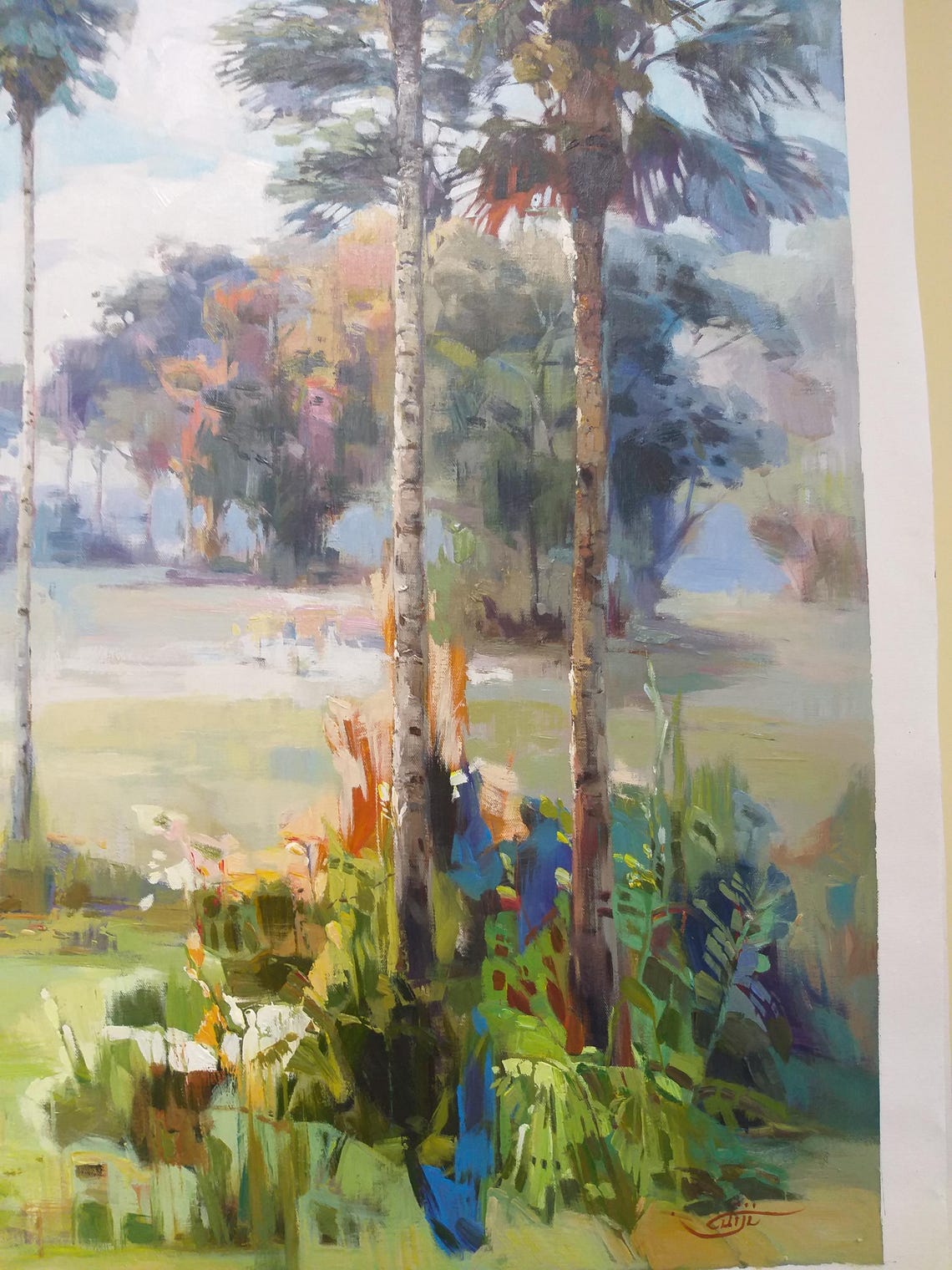 Tropical Palm Trees Sunny Meadow Pastel Landscape Art Poster - Image 4